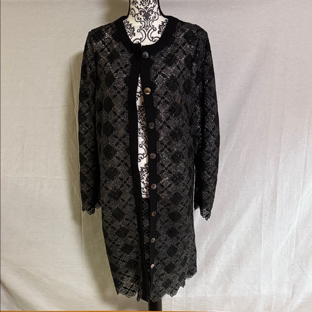 Curete Collections Stylish Black Lace Longline Duster Jacket Size 8 EUC Evening